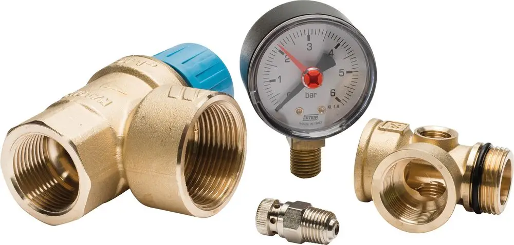 Zubehör für Heizsysteme mit einem Ventilsatz und Druckmanometer. Teile aus Messing, ideal für die Installation in Verbindung mit Bosch Solewärmepumpen.